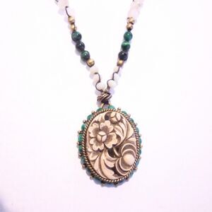 Sweet Romance Beaded Carved Floral Cameo Style Pendant Necklace *